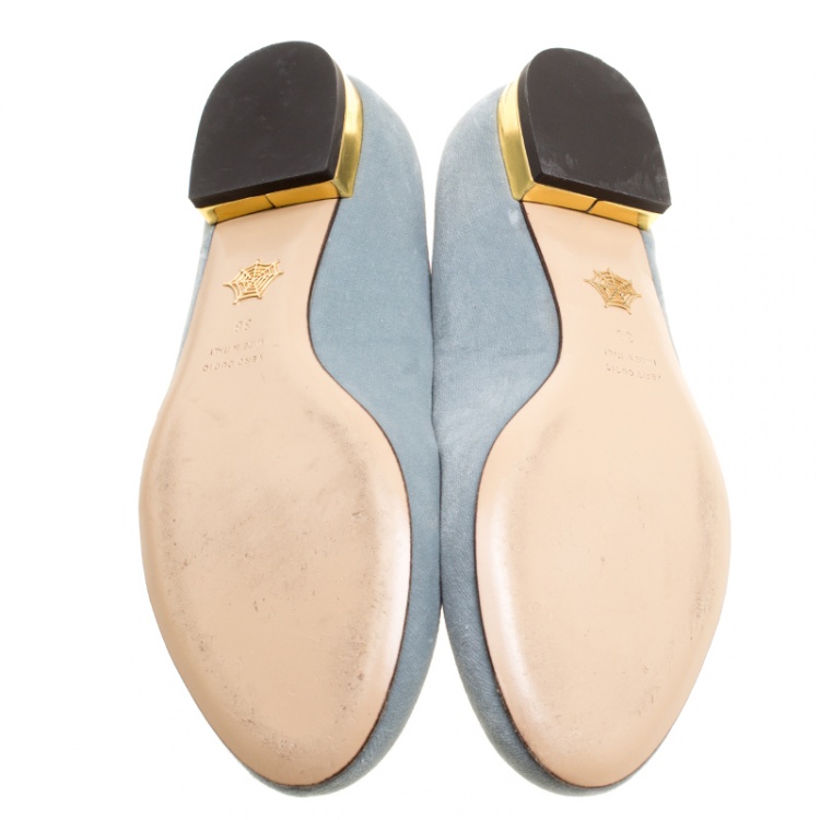 Pre Owned Charlotte Olympia Grey Velvet Emoticats Cheeky Kitty Flats Size 38