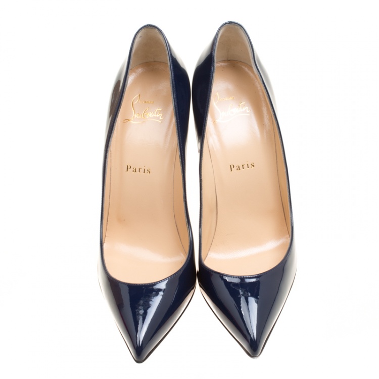 Pre Owned Christian Louboutin Blue Patent Leather Pigalle Pointed Toe Pumps Size 39.5