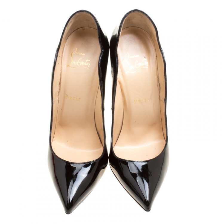Pre Owned Christian Louboutin Black Patent Leather Hot Chick Scalloped Trim Pointed Toe Pumps Size 38.5