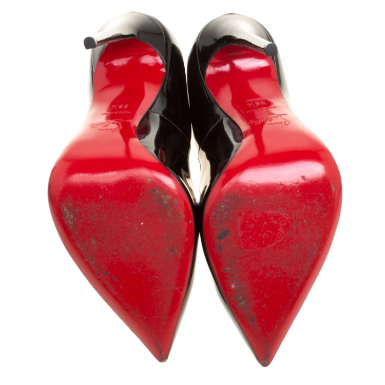 Pre Owned Christian Louboutin Black Patent Leather Hot Chick Scalloped Trim Pointed Toe Pumps Size 38.5