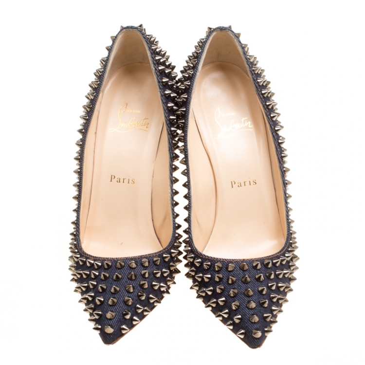 Pre Owned Christian Louboutin Blue Denim Pigalle Follies Spikes Pumps Size 37.5