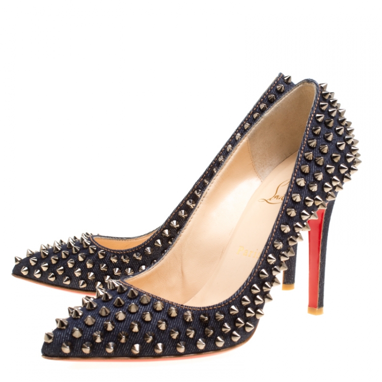 Pre Owned Christian Louboutin Blue Denim Pigalle Follies Spikes Pumps Size 37.5