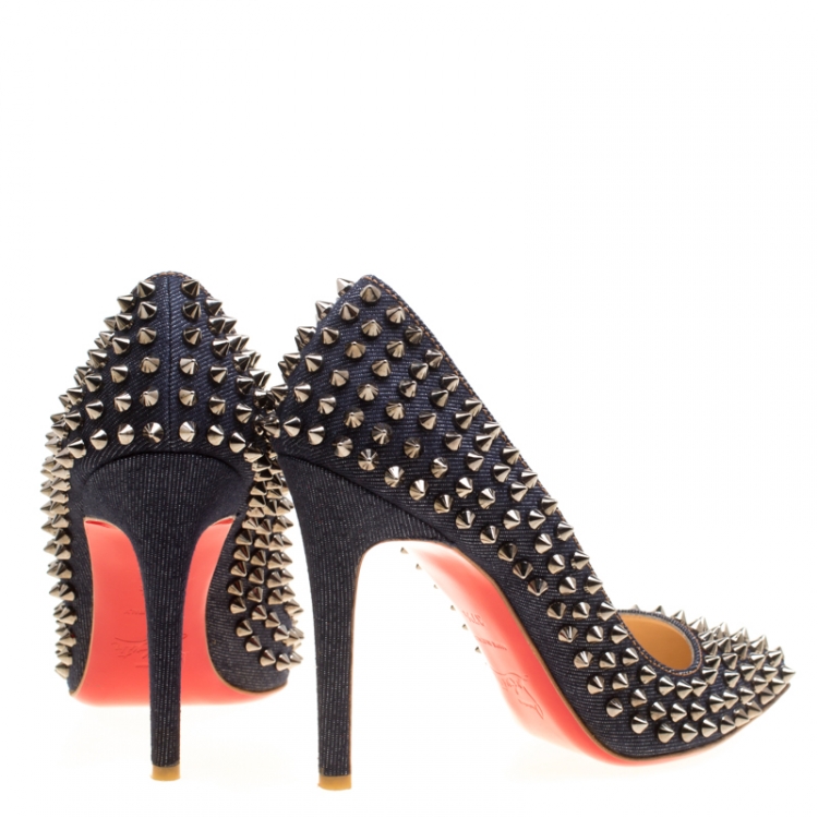 Pre Owned Christian Louboutin Blue Denim Pigalle Follies Spikes Pumps Size 37.5