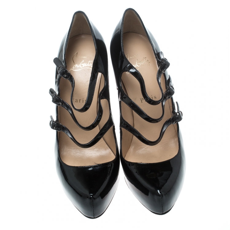 Pre Owned Christian Louboutin Black Patent Leather Lillian Strappy Platform Pumps Size 37.5