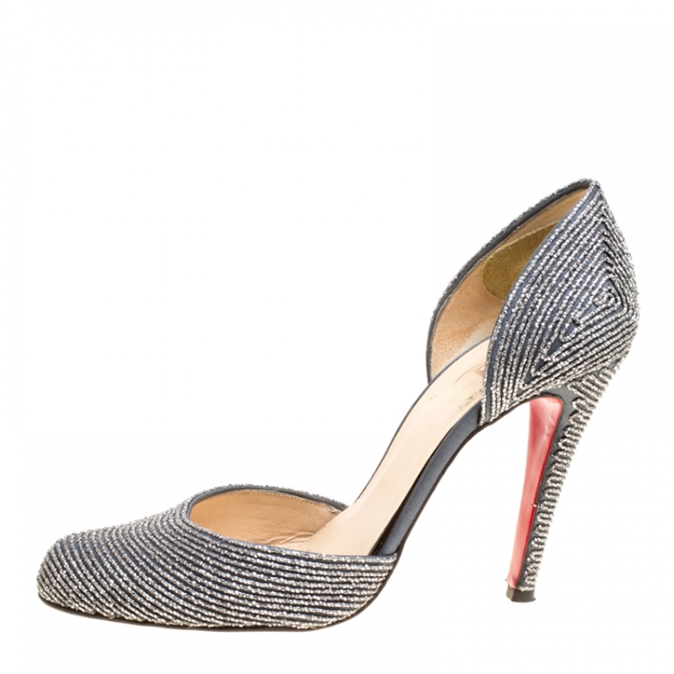 Pre Owned Christian Louboutin Grey Textured Satin Labyrinth D'orsay Pumps Size 39