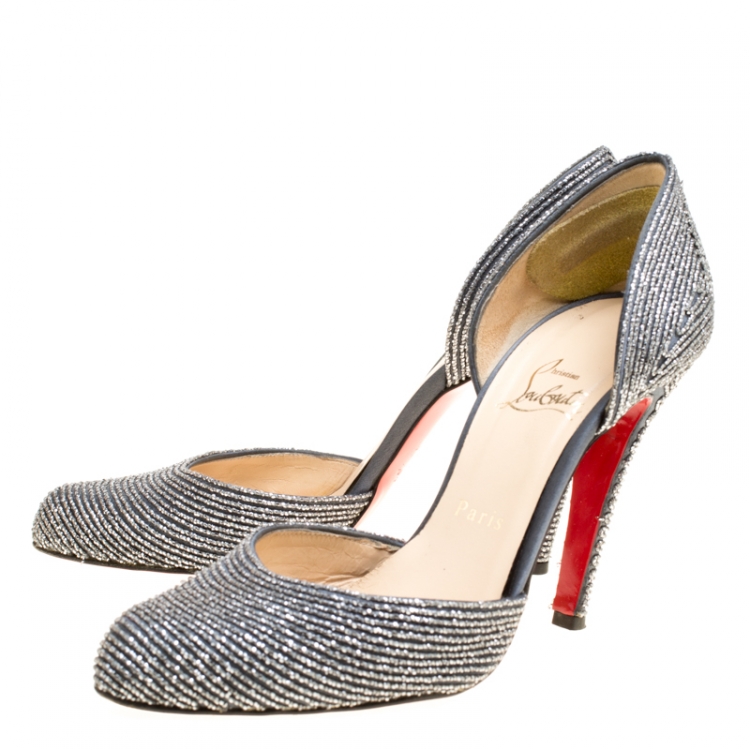 Pre Owned Christian Louboutin Grey Textured Satin Labyrinth D'orsay Pumps Size 39
