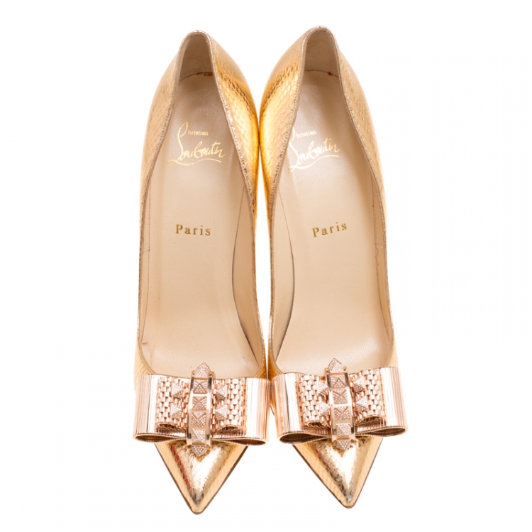 Pre Owned Christian Louboutin Gold Metal Knot Décolleté Pigalle Pumps Size 38.5