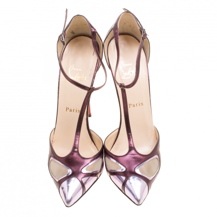 Pre Owned Christian Louboutin Metallic Purple Leather and Mesh Bat Girl T Strap Pumps Size 38.5