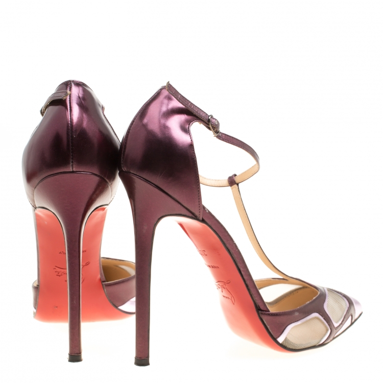Pre Owned Christian Louboutin Metallic Purple Leather and Mesh Bat Girl T Strap Pumps Size 38.5