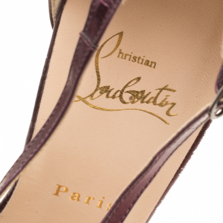 Pre Owned Christian Louboutin Metallic Purple Leather and Mesh Bat Girl T Strap Pumps Size 38.5