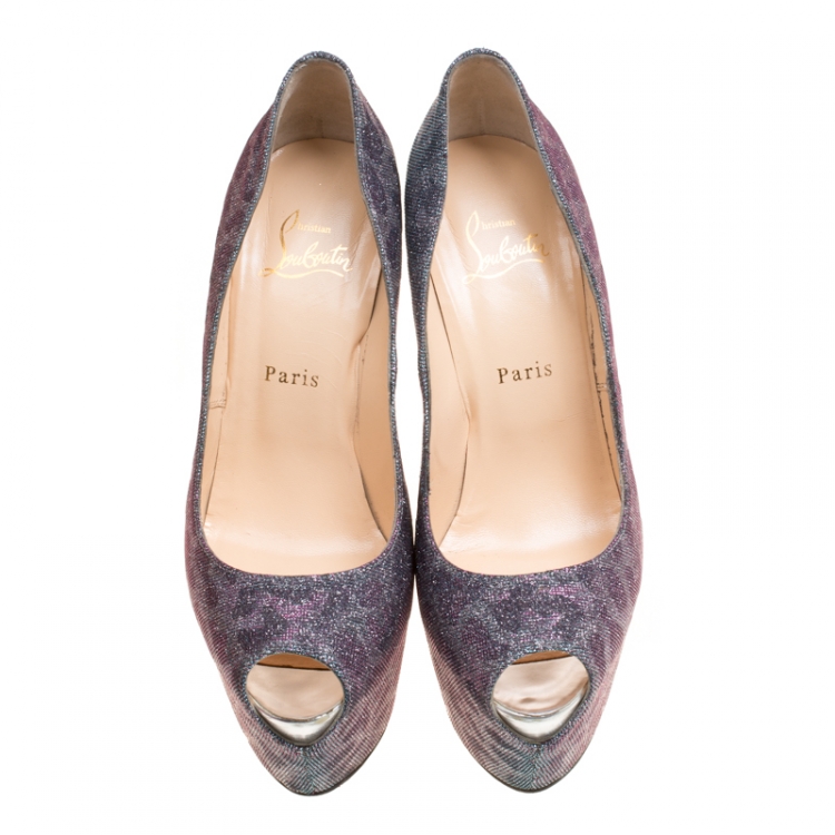 Pre Owned Christian Louboutin Two Tone Leopard Print Lamè Fabric Highness Peep Toe Platform Pumps Size 39