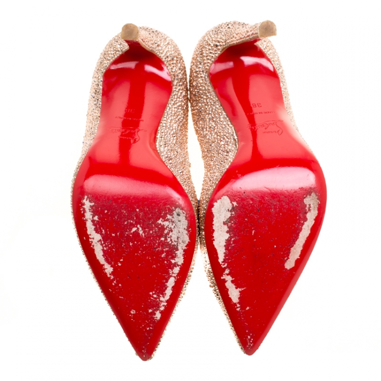Pre Owned Christian Louboutin Beige Crystal Embellished Decollete 554 Pointed Toe Pumps Size 38
