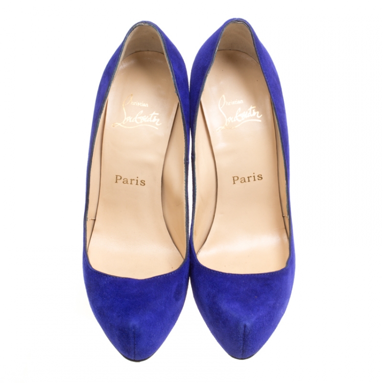 Pre Owned Christian Louboutin Royal Blue Suede Platform Pumps Size 39