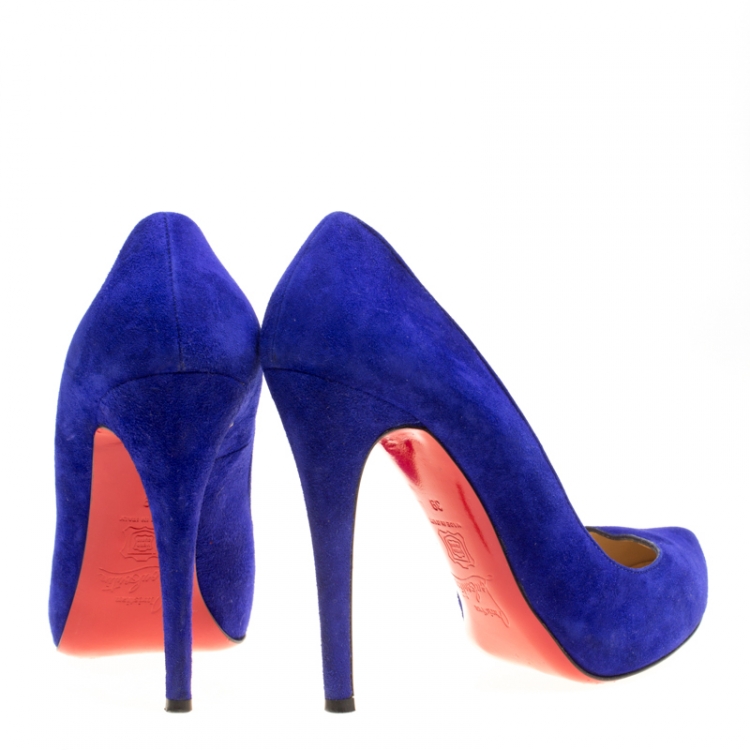 Pre Owned Christian Louboutin Royal Blue Suede Platform Pumps Size 39