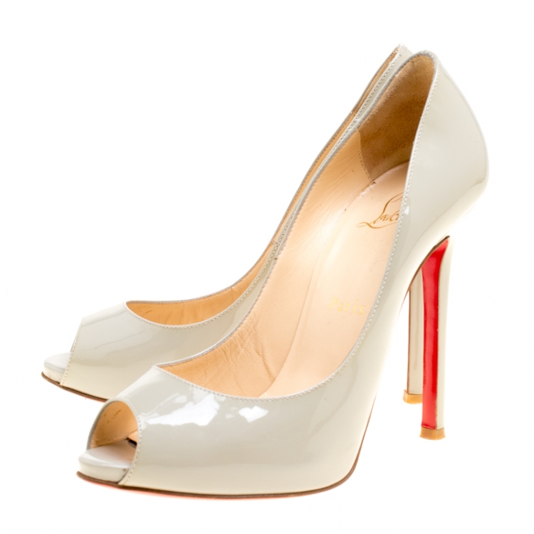 Pre Owned Christian Louboutin Grey Patent Leather Flo Peep Toe Pumps Size 36.5