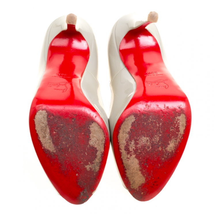 Pre Owned Christian Louboutin Grey Patent Leather Flo Peep Toe Pumps Size 36.5