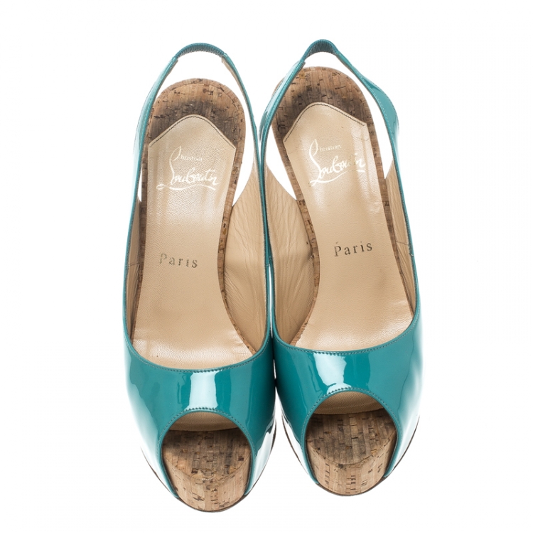 Pre Owned Christian Louboutin Blue Patent Leather So Private Slingback Cork Sandals Size 38