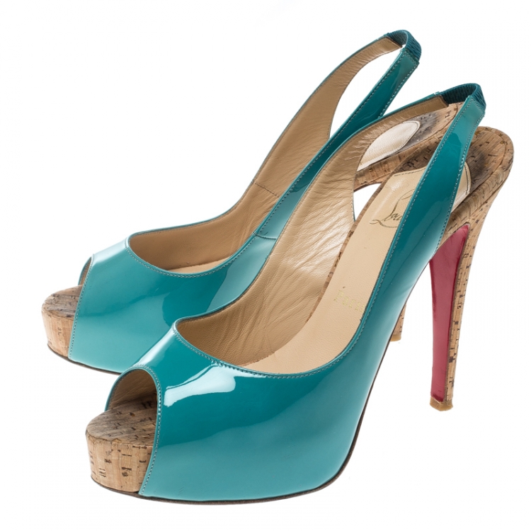 Pre Owned Christian Louboutin Blue Patent Leather So Private Slingback Cork Sandals Size 38