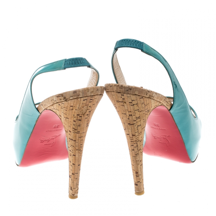 Pre Owned Christian Louboutin Blue Patent Leather So Private Slingback Cork Sandals Size 38