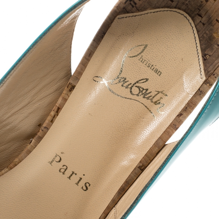 Pre Owned Christian Louboutin Blue Patent Leather So Private Slingback Cork Sandals Size 38