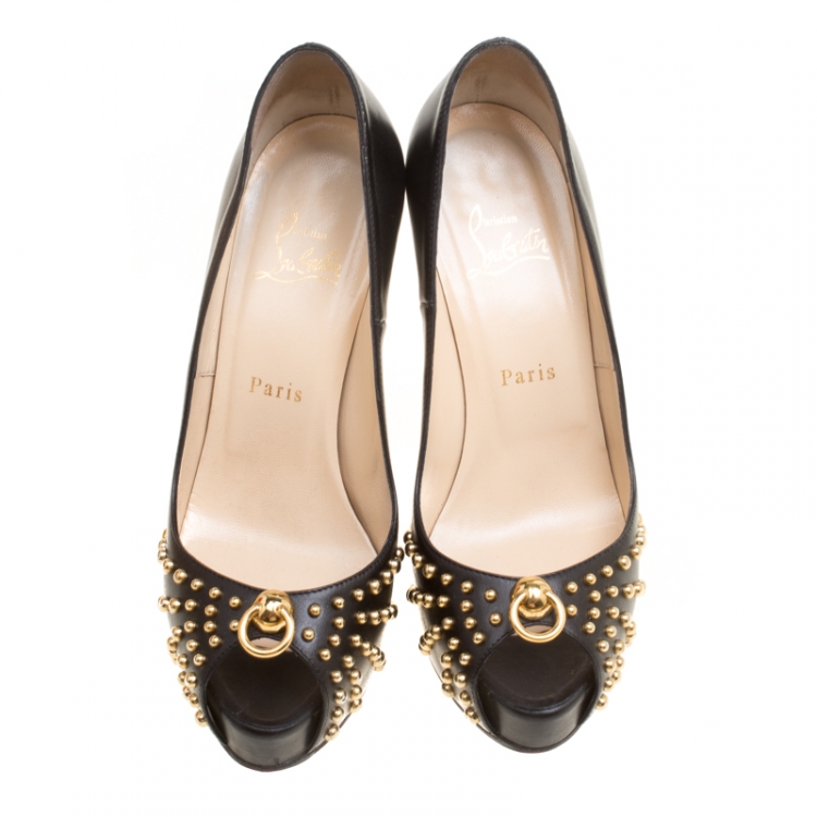 Pre Owned Christian Louboutin Black Leather Vendo Knock Studded Platform Pumps Size 38.5
