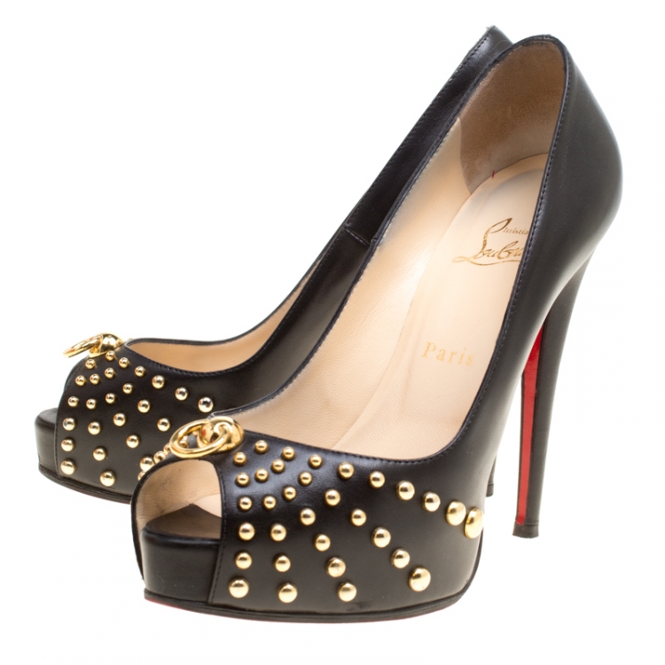 Pre Owned Christian Louboutin Black Leather Vendo Knock Studded Platform Pumps Size 38.5