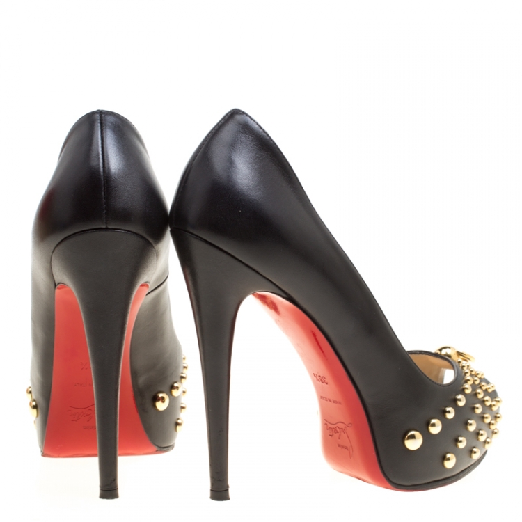Pre Owned Christian Louboutin Black Leather Vendo Knock Studded Platform Pumps Size 38.5