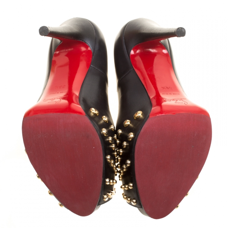 Pre Owned Christian Louboutin Black Leather Vendo Knock Studded Platform Pumps Size 38.5