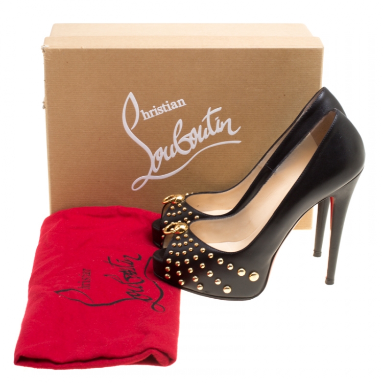 Pre Owned Christian Louboutin Black Leather Vendo Knock Studded Platform Pumps Size 38.5