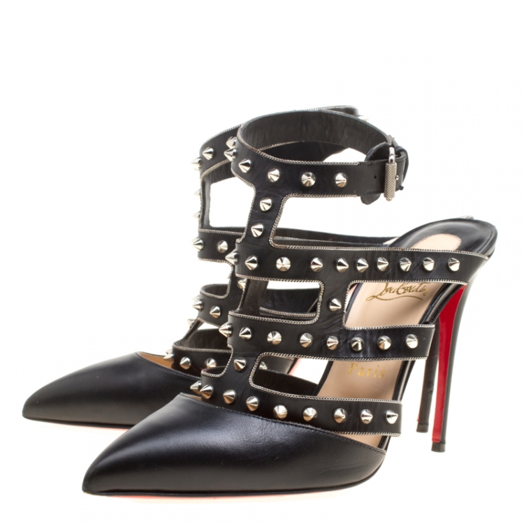مملوكة مسبقًا Christian Louboutin Black Leather Tchicaboum Spike Embellished Strappy Sandals Size 39.5