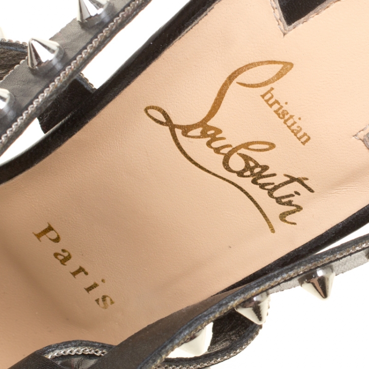 مملوكة مسبقًا Christian Louboutin Black Leather Tchicaboum Spike Embellished Strappy Sandals Size 39.5