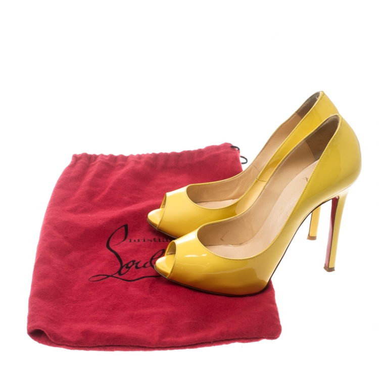 Pre Owned Christian Louboutin Yellow Patent Leather Flo Peep Toe Pumps Size 36.5