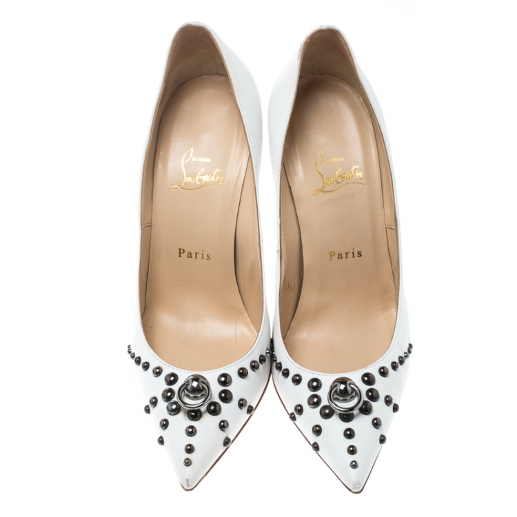 Pre Owned Christian Louboutin White Leather Door Knock Studded Pumps Size 39