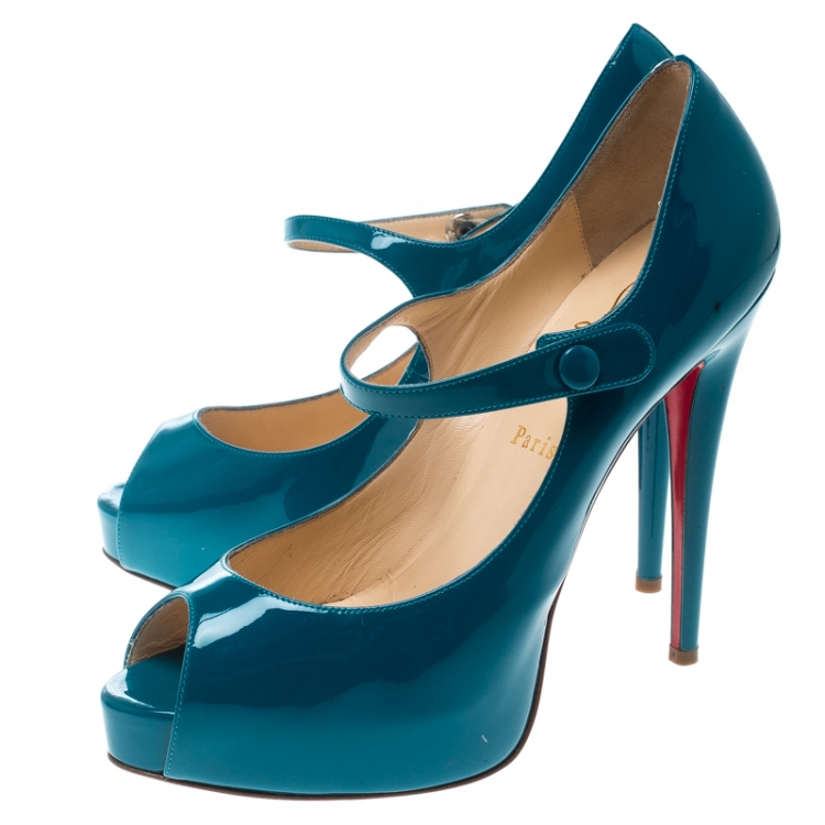 Pre Owned Christian Louboutin Turquoise Bana Mary Jane Platform Pumps Size 39.5