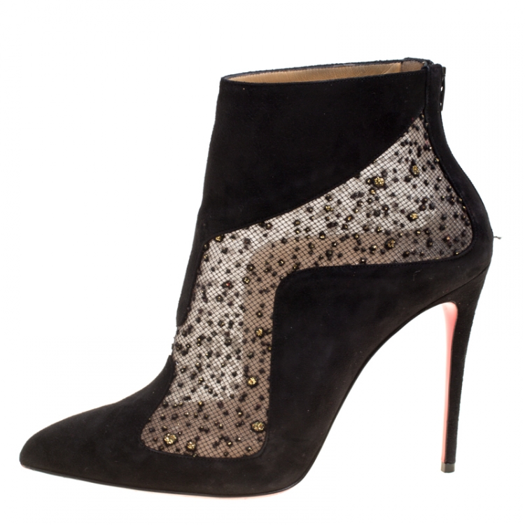 Pre Owned Christian Louboutin Black Suede And Tulle Papilloboot Pointed Toe Ankle Boots Size 38.5