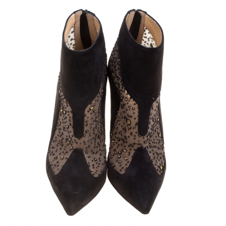 Pre Owned Christian Louboutin Black Suede And Tulle Papilloboot Pointed Toe Ankle Boots Size 38.5