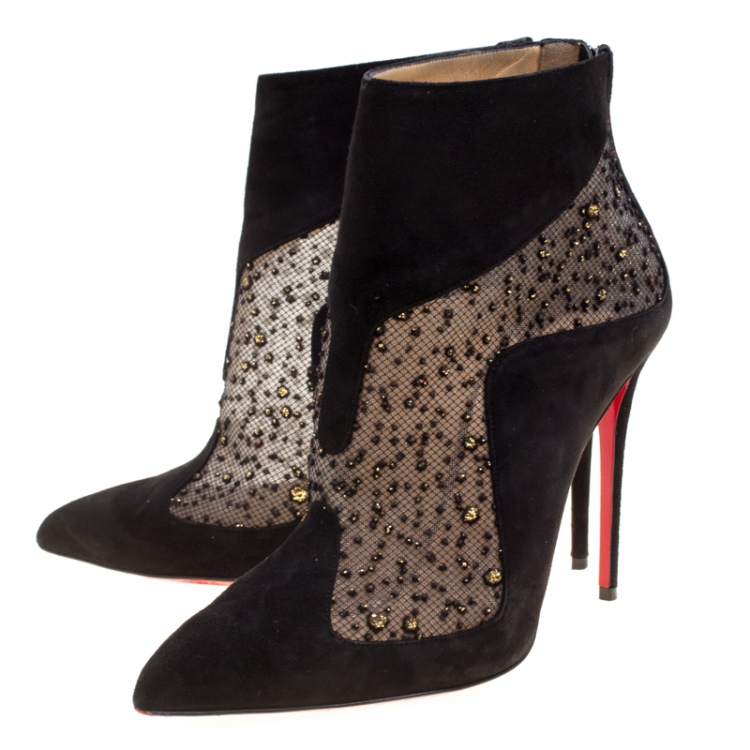 Pre Owned Christian Louboutin Black Suede And Tulle Papilloboot Pointed Toe Ankle Boots Size 38.5