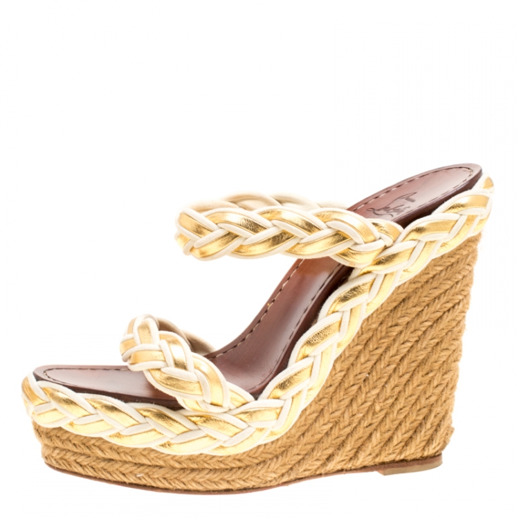 مملوكة مسبقًا Christian Louboutin Two Tone Braided Leather and Suede Espadrille Wedge Sandals Size 37