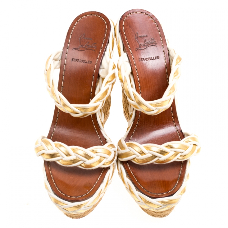 مملوكة مسبقًا Christian Louboutin Two Tone Braided Leather and Suede Espadrille Wedge Sandals Size 37