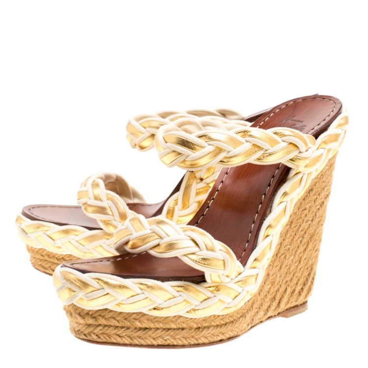 مملوكة مسبقًا Christian Louboutin Two Tone Braided Leather and Suede Espadrille Wedge Sandals Size 37