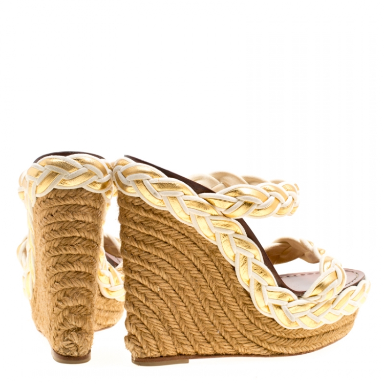 مملوكة مسبقًا Christian Louboutin Two Tone Braided Leather and Suede Espadrille Wedge Sandals Size 37