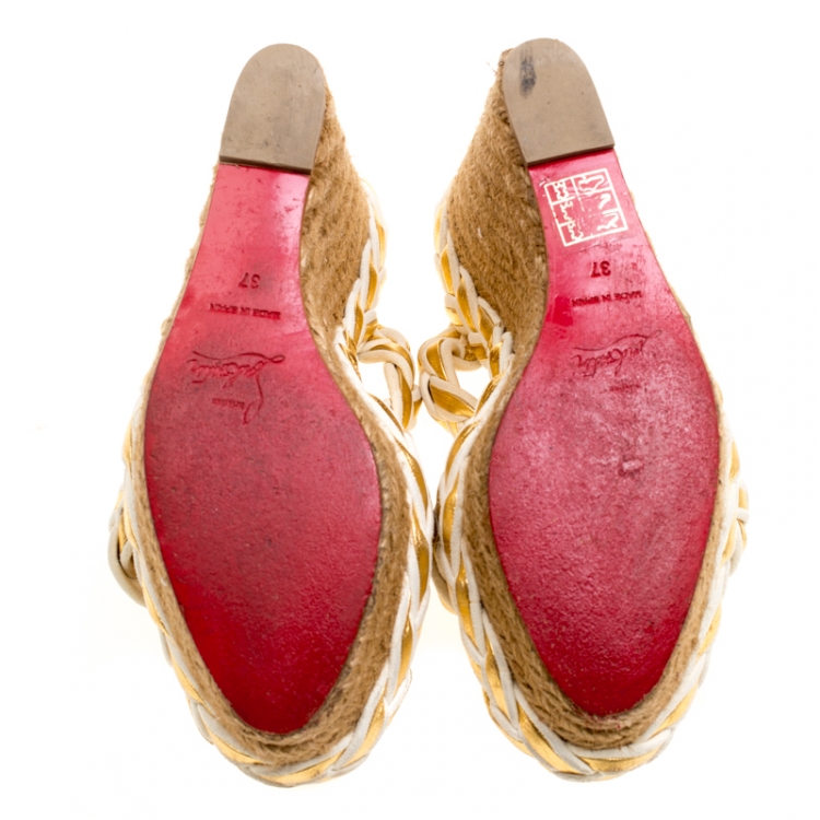 مملوكة مسبقًا Christian Louboutin Two Tone Braided Leather and Suede Espadrille Wedge Sandals Size 37