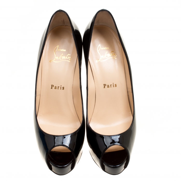 Pre Owned Christian Louboutin Black Patent Leather Hyper Prive Peep Toe Platform Pumps Size 37
