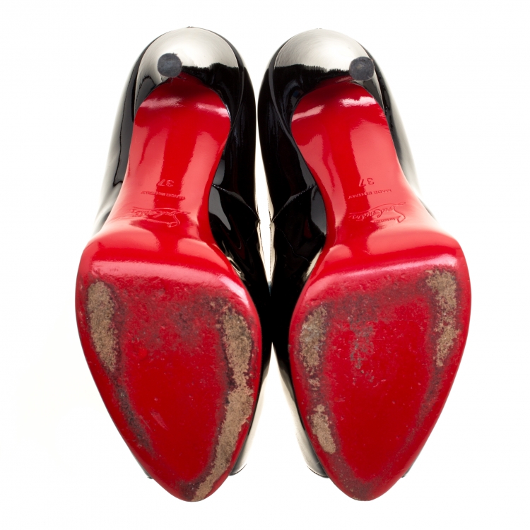 Pre Owned Christian Louboutin Black Patent Leather Hyper Prive Peep Toe Platform Pumps Size 37