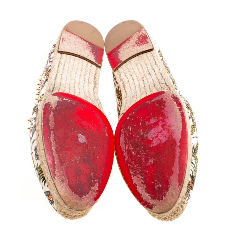 Pre Owned Christian Louboutin Ivory Multicolor Canvas Ares Spiked Espadrilles Flats Size 39