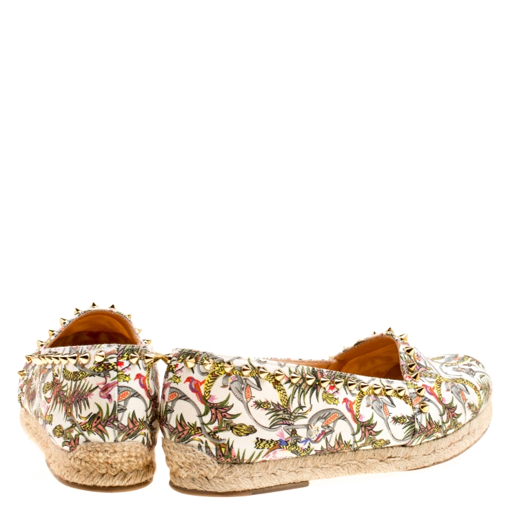 Pre Owned Christian Louboutin Ivory Multicolor Canvas Ares Spiked Espadrilles Flats Size 39