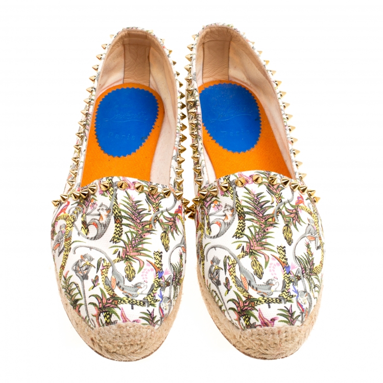 Pre Owned Christian Louboutin Ivory Multicolor Canvas Ares Spiked Espadrilles Flats Size 39