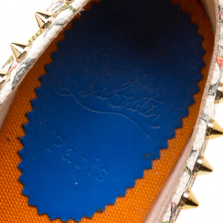Pre Owned Christian Louboutin Ivory Multicolor Canvas Ares Spiked Espadrilles Flats Size 39