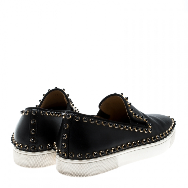 Pre Owned Christian Louboutin Black Leather Spike Pik Boat Slip On Sneakers Size 36