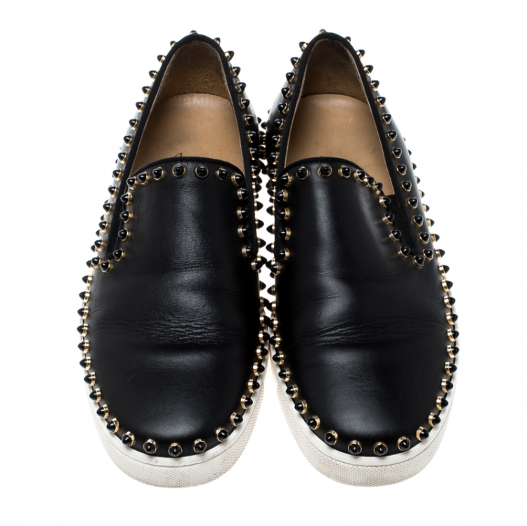 Pre Owned Christian Louboutin Black Leather Spike Pik Boat Slip On Sneakers Size 36